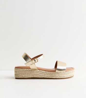 Gold Faux Leather Flatform Espadrilles