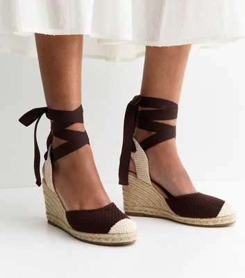 Brown Woven Ankle Tie Wedge Espadrilles