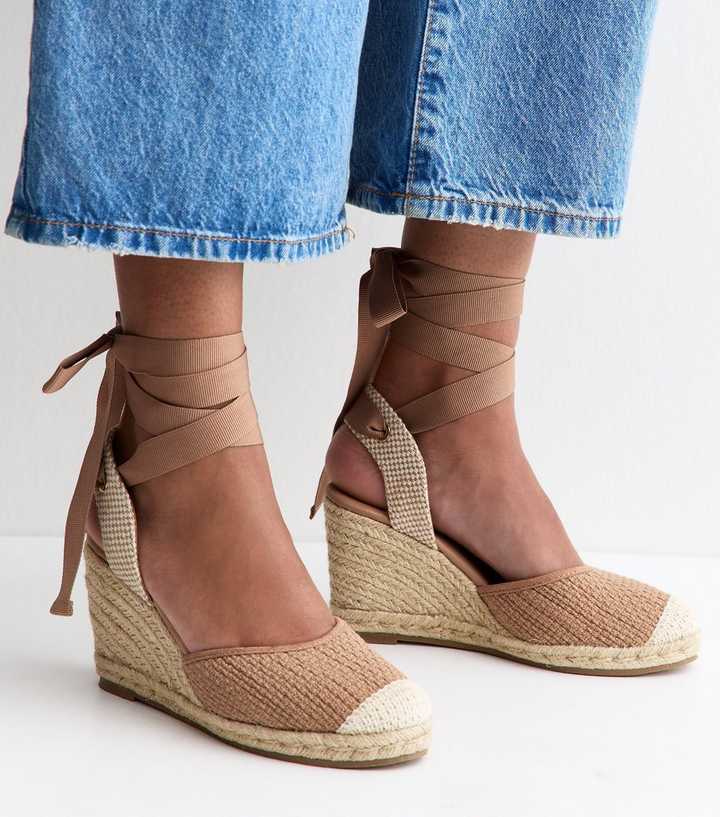 Light Pink Woven Ankle Tie Wedge Espadrilles