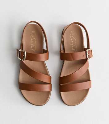 Wide Fit Tan Faux Leather Strappy Flat Sandals