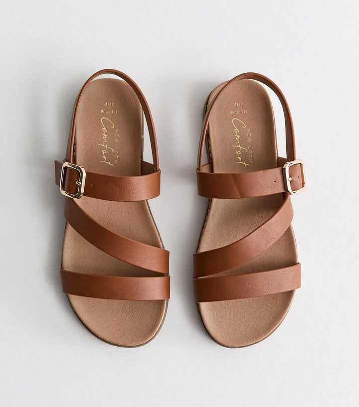 Wide Fit Tan Faux Leather Strappy Flat Sandals