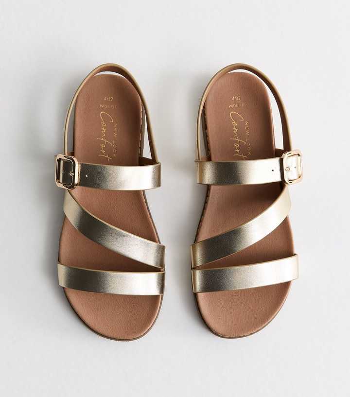 Wide Fit Gold Faux Leather Strappy Flat Sandals
