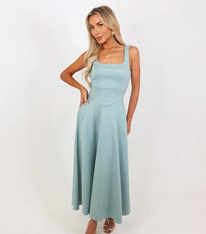 AX Paris Mint Green Square Neck Midi Dress