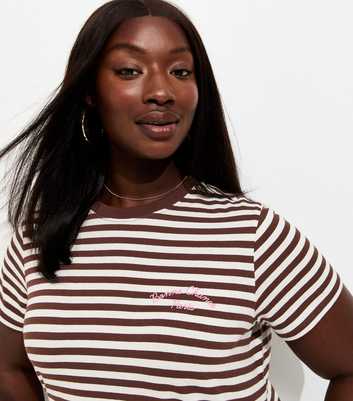Curves Brown Cotton Striped Bonne Chance Embroidered T-Shirt