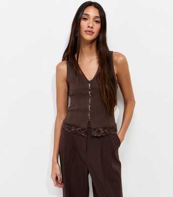 Dark Brown Lace Trim Button Up Rib Vest