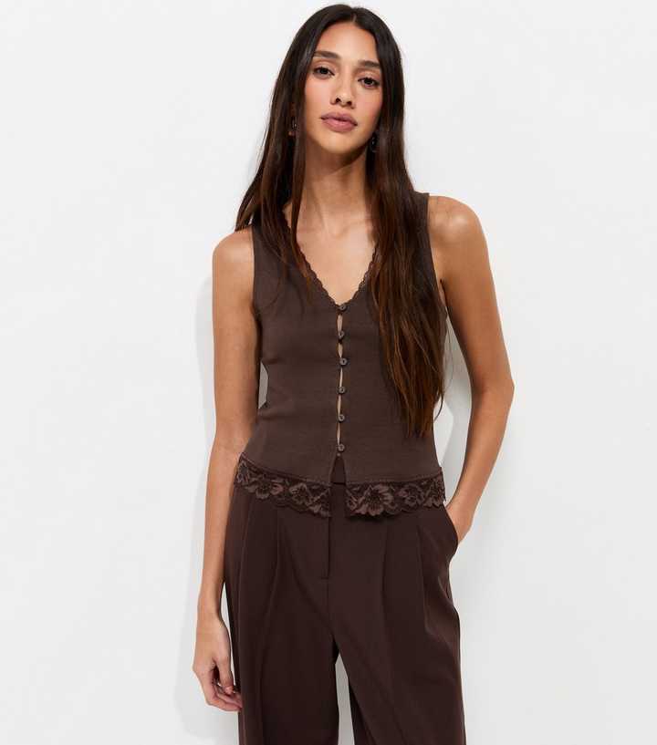 Dark Brown Lace Trim Button Up Rib Vest