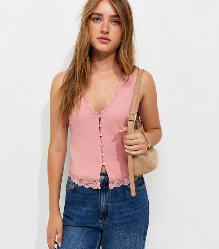 Light Pink Lace Trim Button Up Rib Vest