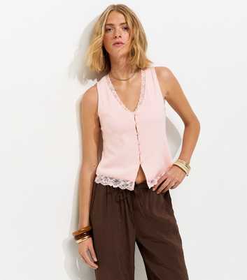 Pink Lace Trim Button Up Rib Vest