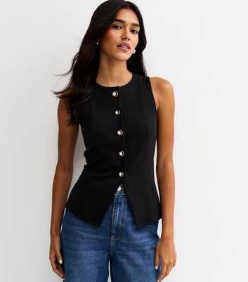 Black Jersey Crew Neck Faux Pearl Button Waistcoat