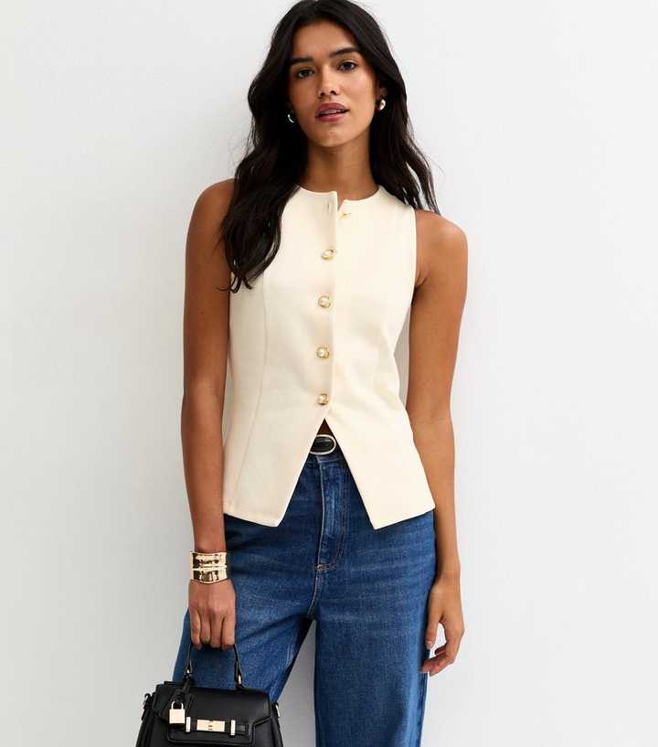Off White Jersey Faux-Pearl Button Waistcoat