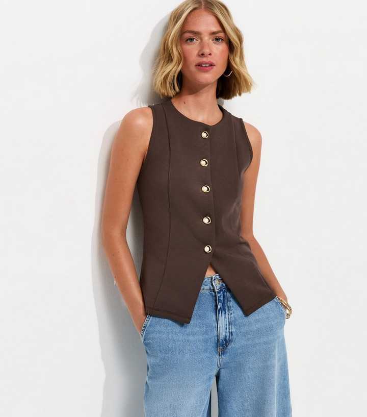 Dark Brown Jersey Crew Neck Faux Pearl Button Waistcoat