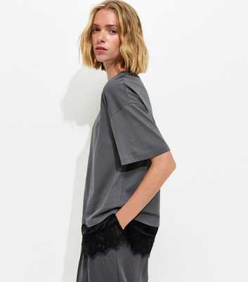 Dark Grey Satin Lace Hem Oversized T-Shirt