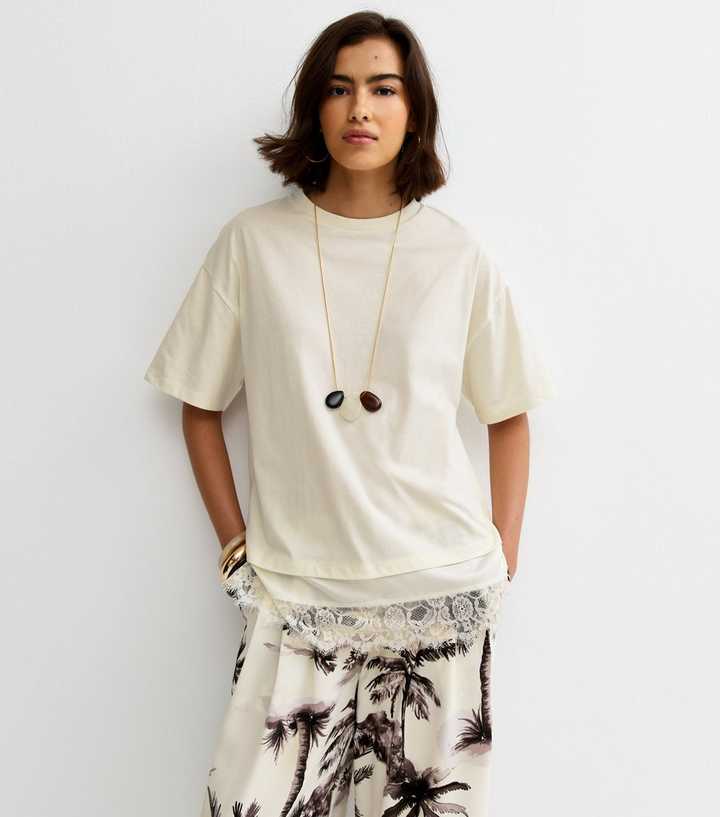 Off White Satin Lace Hem Oversized T-Shirt