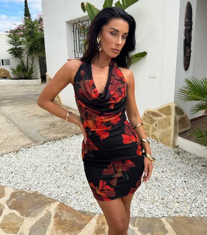 AX Paris Black Floral Print Cowl Neck Mesh Mini Dress
