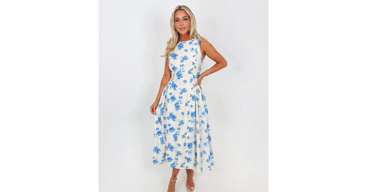 AX Paris Blue Floral Pleated Hip Midi Dress | New Look