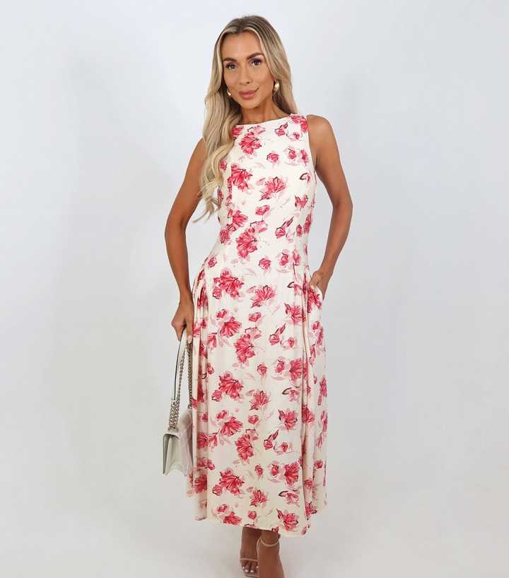 AX Paris Pink Floral Pleated Hip Midi Dress