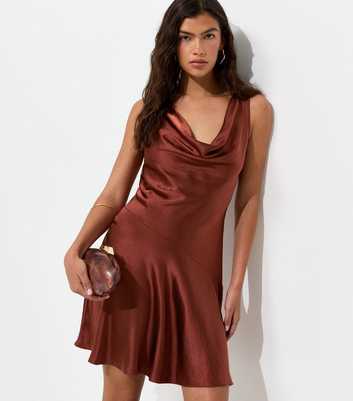 Dark Brown Satin Sleeveless Cowl Neck Mini Dress