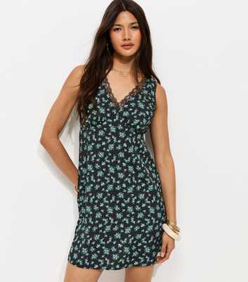 Black Floral Lace Trim Sleeveless Mini Dress