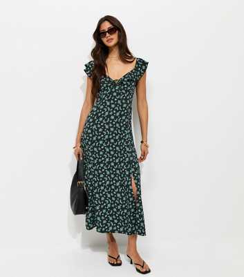 Black Ditsy Floral Ruffled Neck Midi Dress