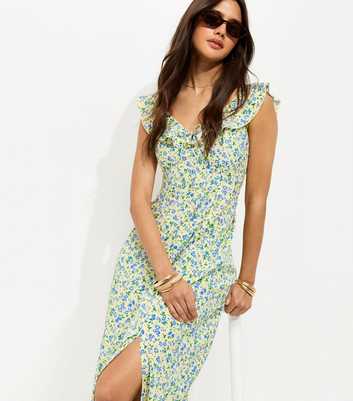 Yellow Ditsy Floral Ruffled Neck Midi Dress