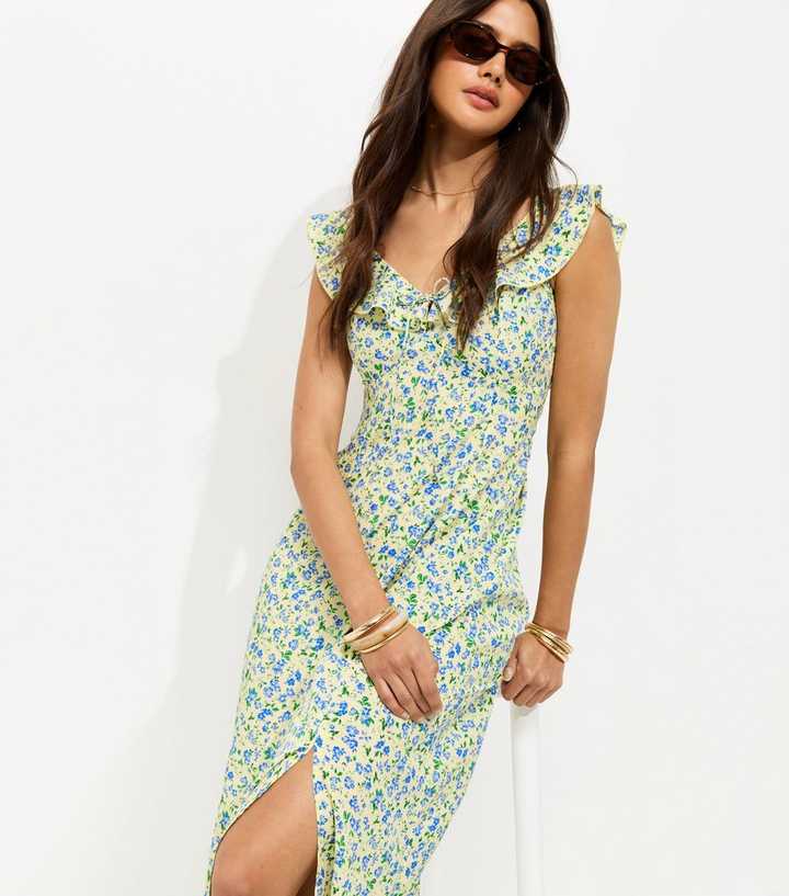 Yellow Ditsy Floral Ruffled Neck Midi Dress
