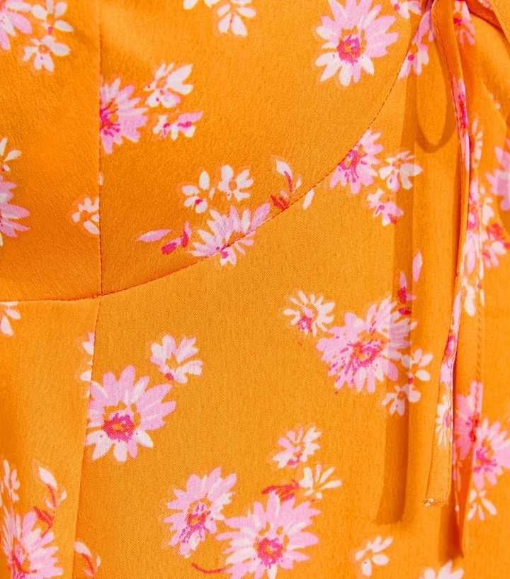 new look tie sleeve dress in orange ditsy pattern Orange Ditsy Floral V Neck Tie Sleeve Mini Tea Dress