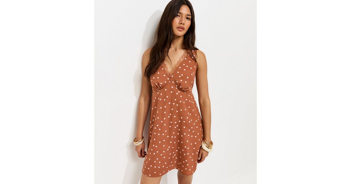 Brown Polka Dot Lace Trim Sleeveless Mini Dress