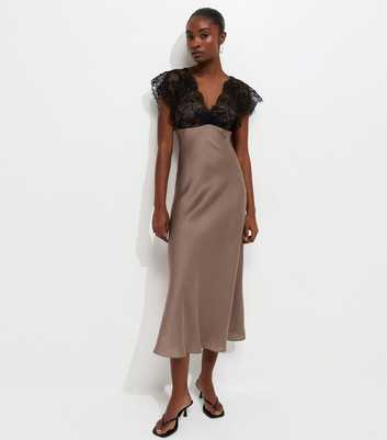 Light Brown Lace Bodice Satin Midi Dress