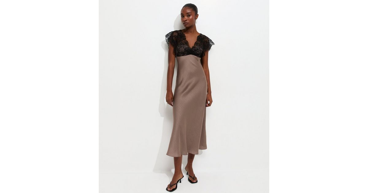 Light Brown Lace Bodice Satin Midi Dress