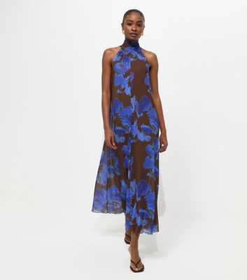 Brown Floral Halter Neck Mesh Midaxi Dress