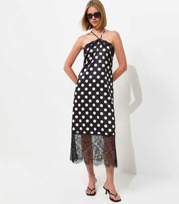 Black Satin Lace Polka Dot Halterneck Midaxi Dress