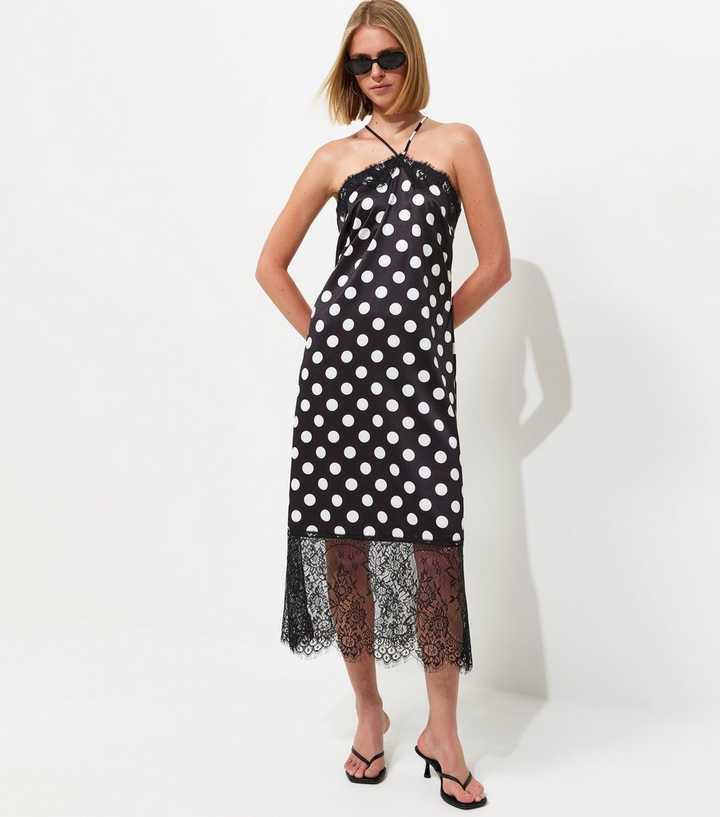 Black Satin Lace Polka Dot Halterneck Midaxi Dress
