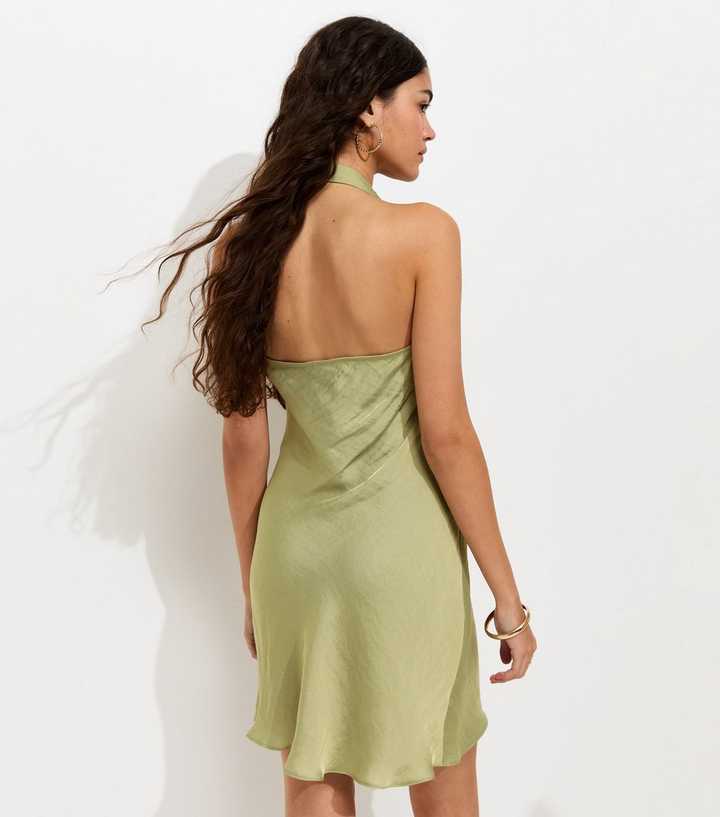 Light Green Satin Halter Neck Cowl Neck Mini Dress | New Look