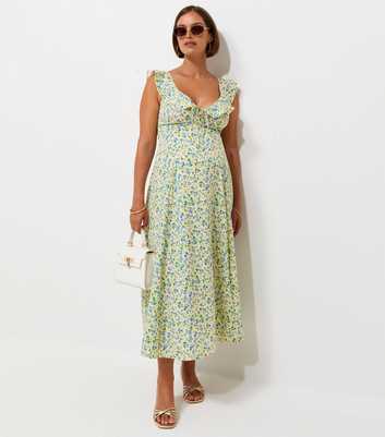 Maternity Yellow Floral Print Crepe Ruffle Trim Midi Dress