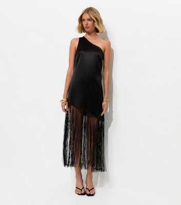 Black Satin One Shoulder Tassel Trim Midi Dress