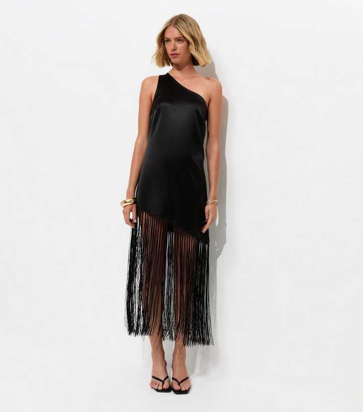Black Satin One Shoulder Tassel Trim Midi Dress