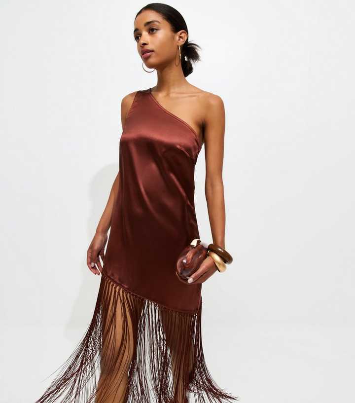 Rust Satin One Shoulder Tassel Trim Midi Dress