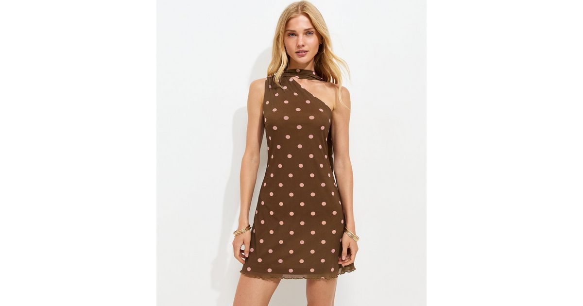 Brown Polka Dot Mesh One Shoulder Halter Mini Dress