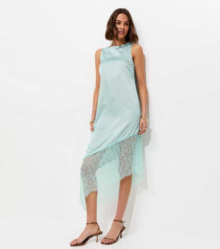 Blue Satin Striped Asymmetric Lace Hem Midi Dress