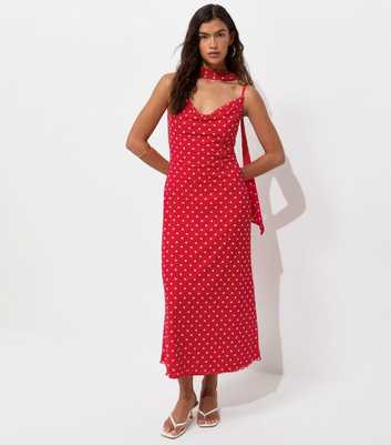 Red Spot Print Scarf Detail Mesh Midi Dress