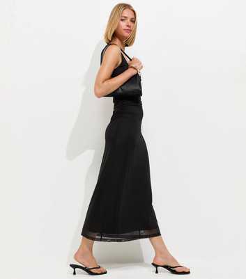 Black Square Neck Mesh Midi Dress