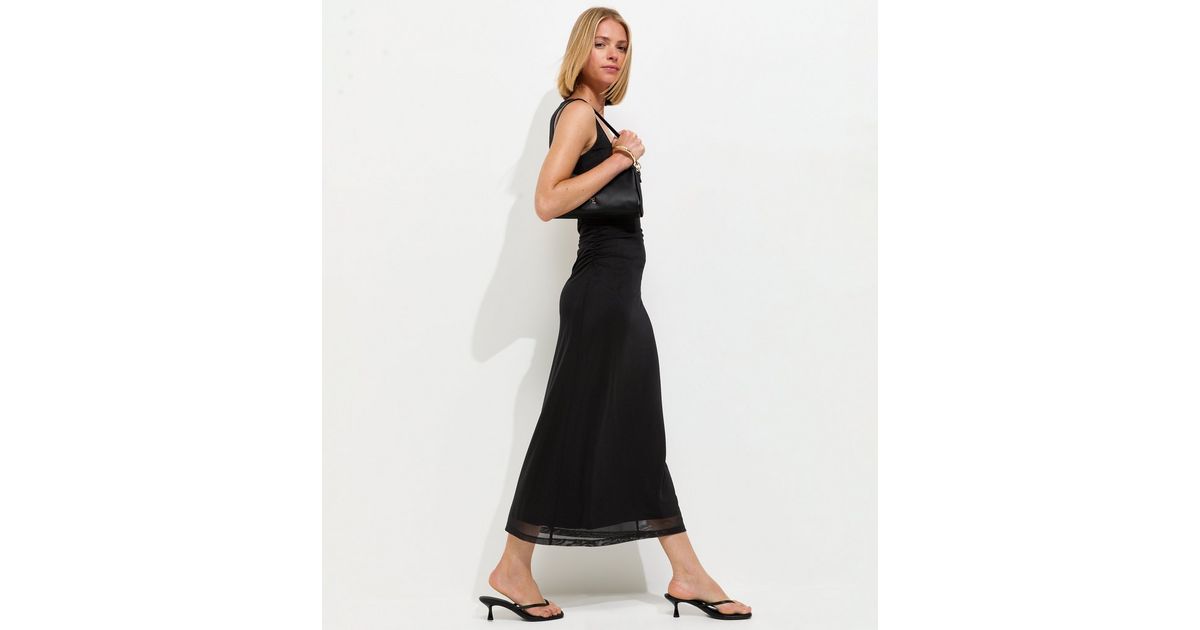 Black Square Neck Mesh Midi Dress