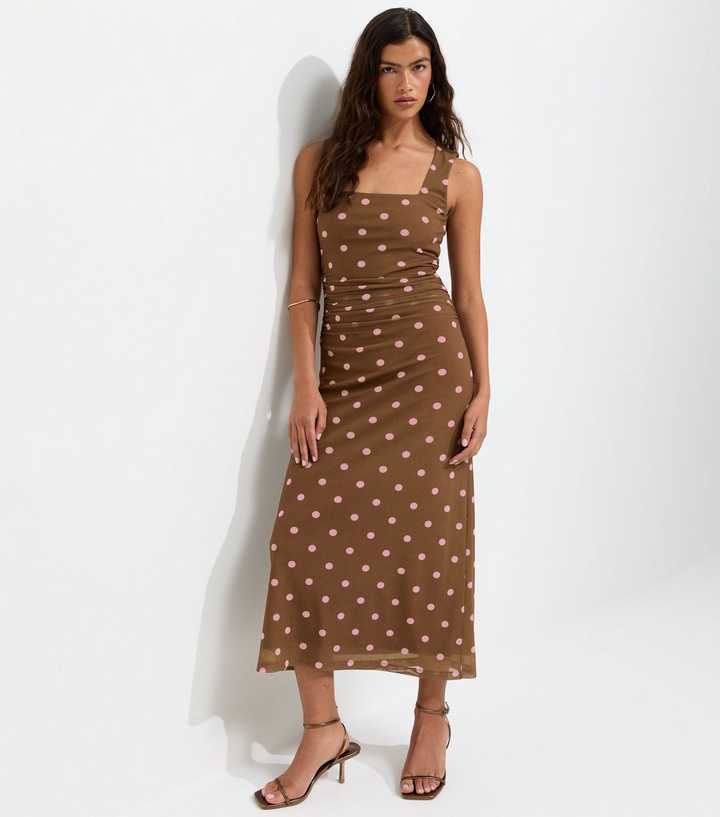 Brown Polka Dot Square Neck Mesh Sleeveless Midi Dress