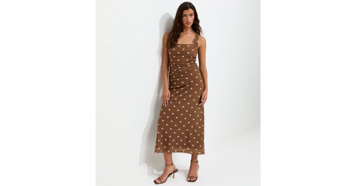Brown Spot Print Square Neck Mesh Midi Dress