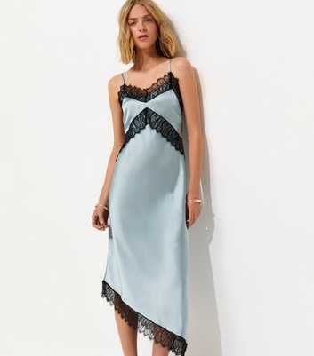 Light Blue Satin Strappy Asymmetric Midi Dress