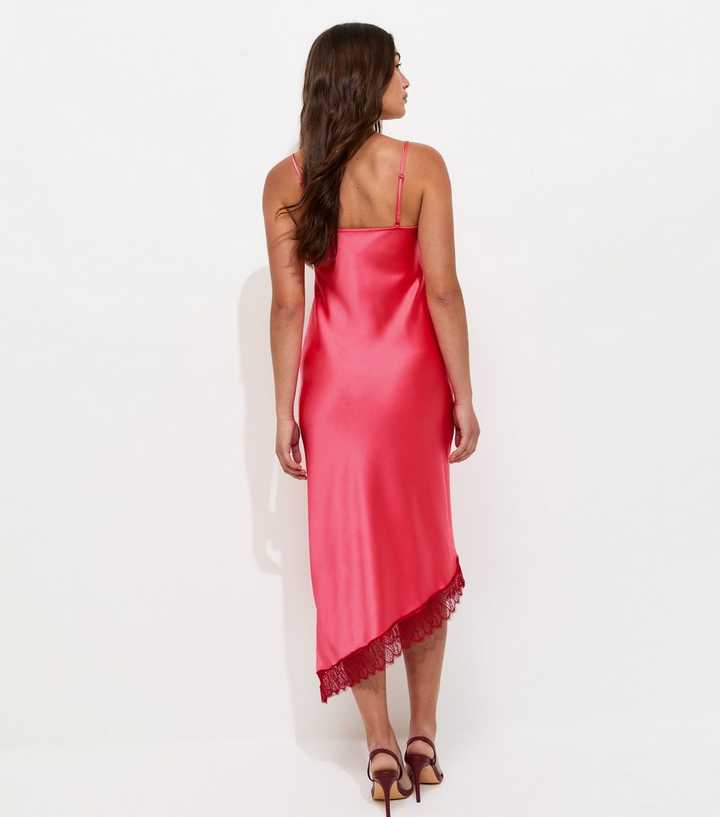 Bright Pink Satin Strappy Asymmetric Midi Dress | New Look