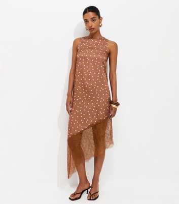 Brown Satin Spot Print Asymmetric Lace Hem Midi Dress