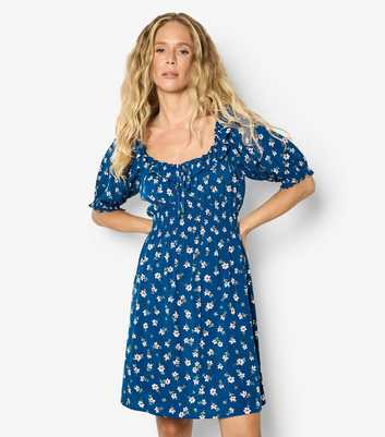 Apricot Blue Floral Print Frilly Trim Mini Dress