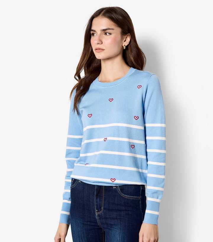 Apricot Blue Striped Heart Embroidered Jumper
