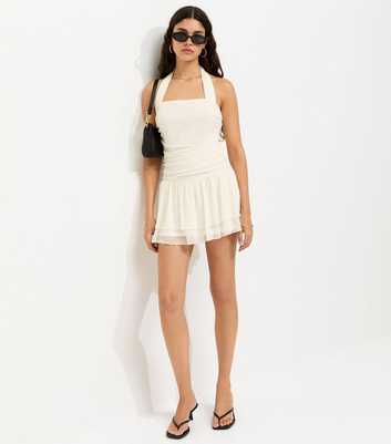 Off White Mesh Halter Neck Mini Dress